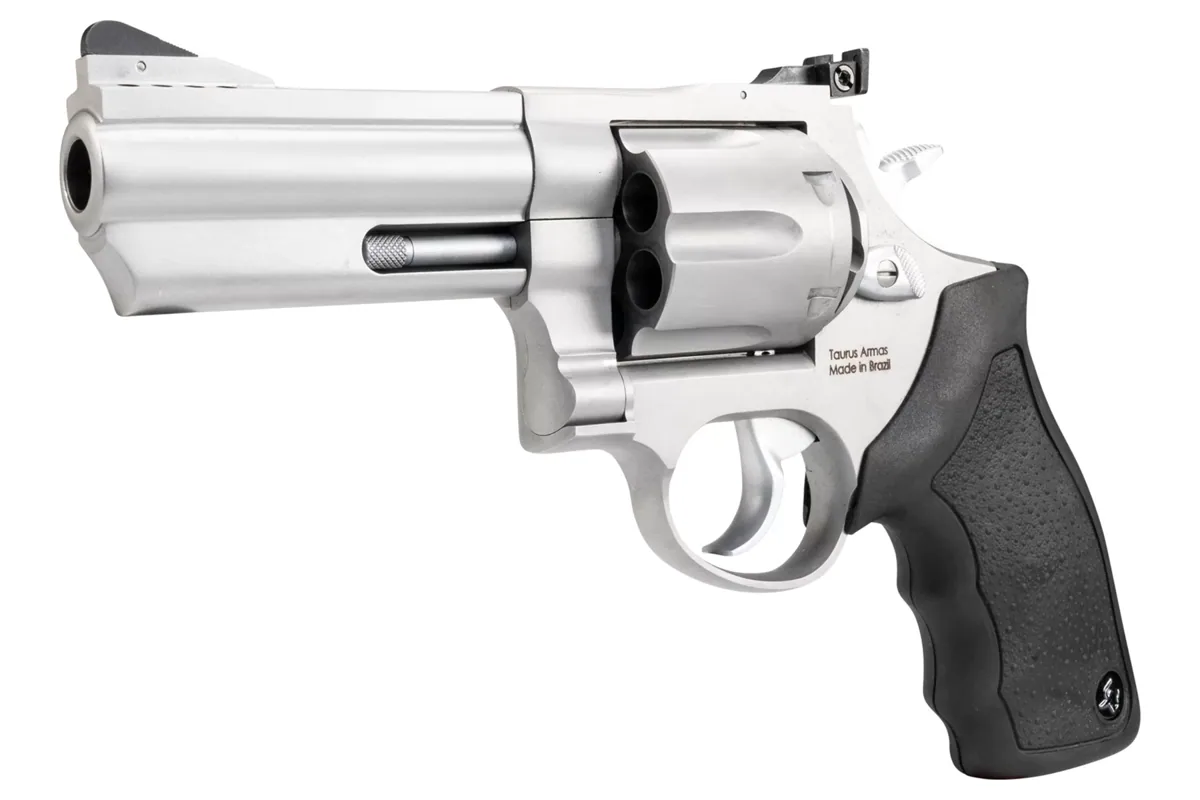 Taurus 44 4" Matte Stainless, 6-Shot — right quarter view