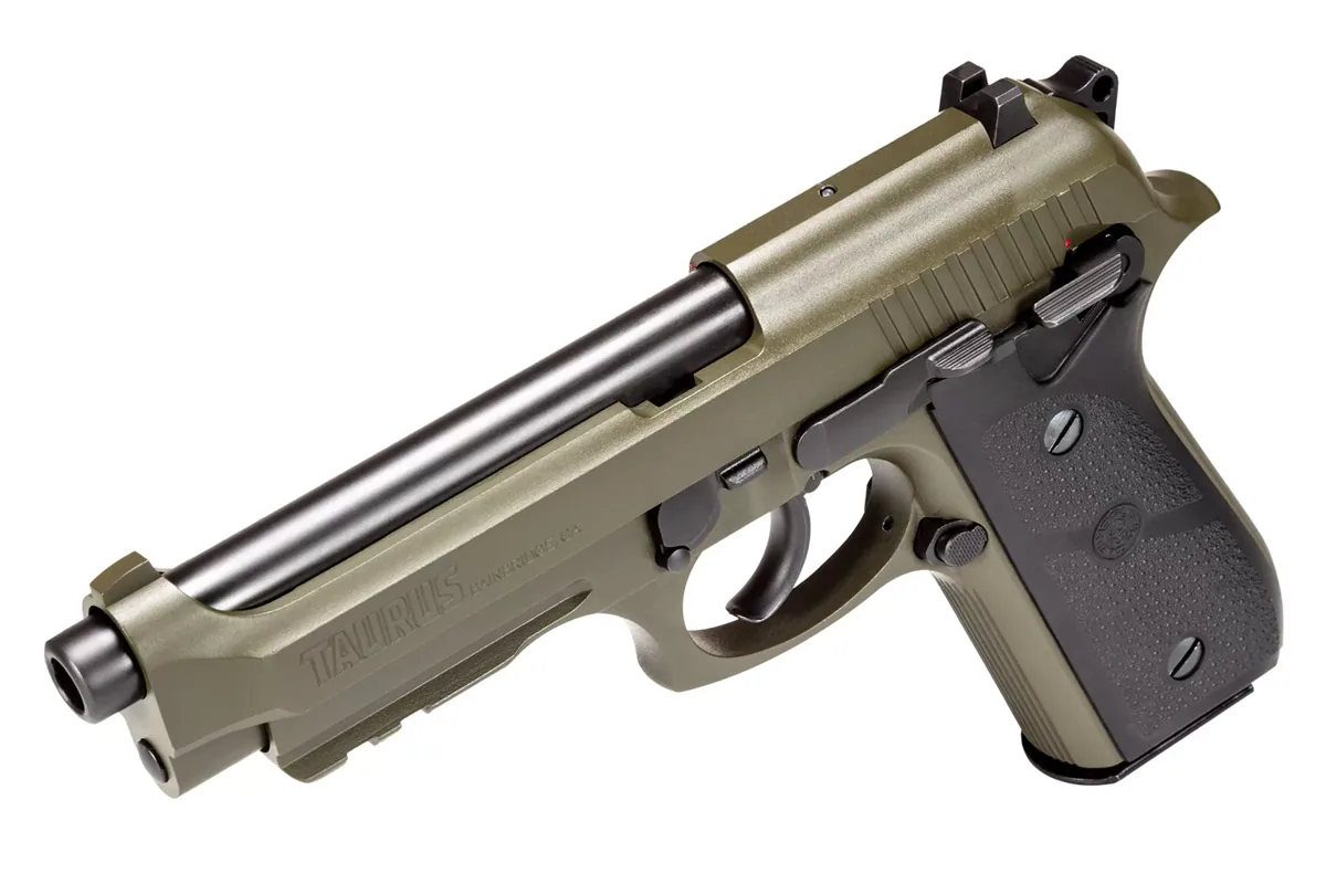 Taurus PT92 9mm Cerakote OD Green, 17 Rounds — right quarter view